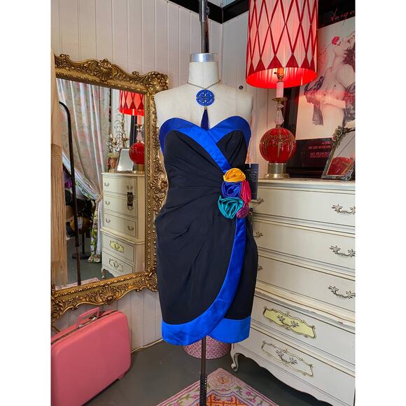 A.J. Bari Dresses & Skirts - vintage 1980s a j bari cocktail dress black strapless wrap style rainbow rosette